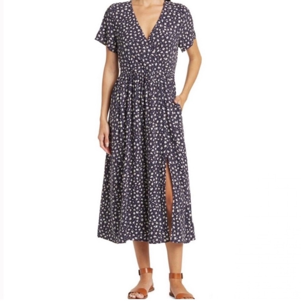 Madewell - Faux Wrap Dress, Navy Floral V-Neck Midi Dress